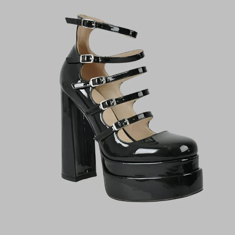 Buckle Strap Platform Patent Leather Cross-tied Square Toe Thick High Heels Shoes