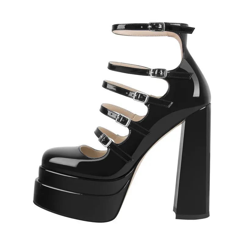 Buckle Strap Platform Patent Leather Cross-tied Square Toe Thick High Heels Shoes