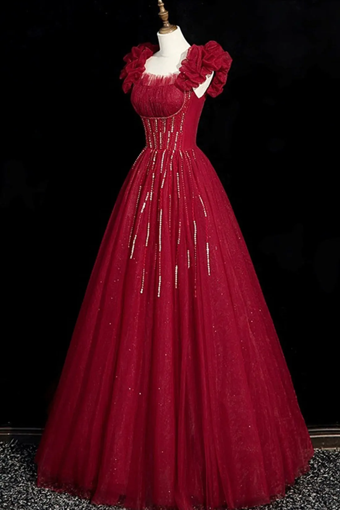 Burgundy Tulle Beaded Floor Length Prom Dress, Elegant A-Line Evening Party Dress