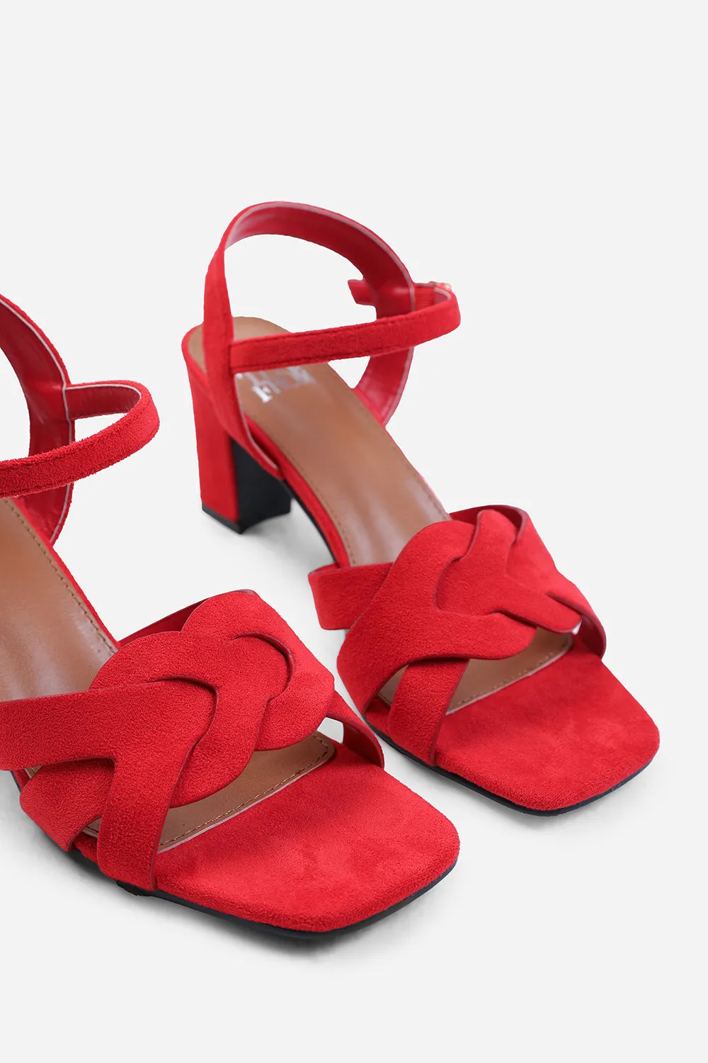 CALLIE WIDE FIT LOW BLOCK HEEL WITH BRAIDED DETAIL IN RED SUEDE