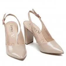 Caprice Leather Taupe Patent Pointed Toe High Heel Slingback Shoe