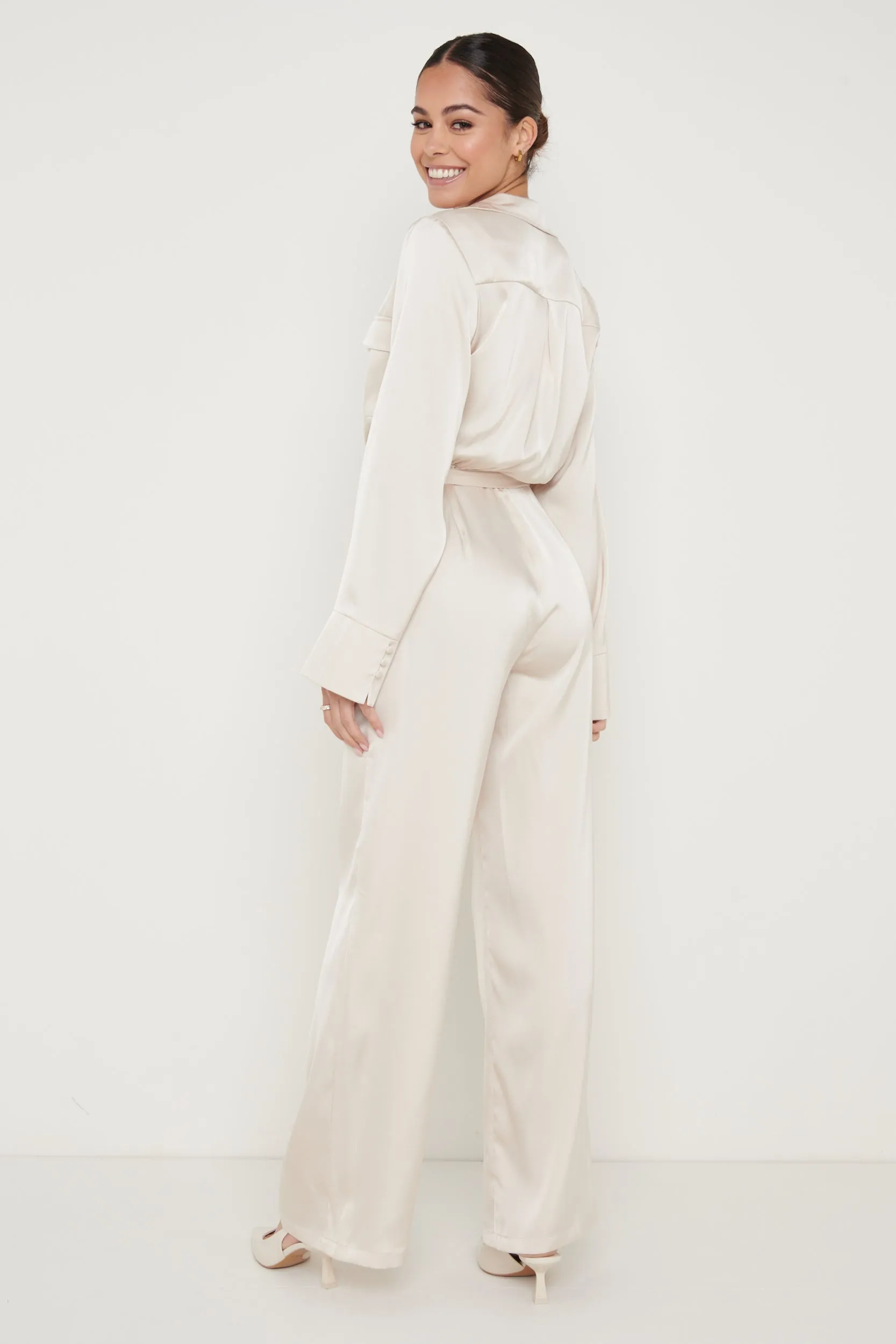 Carmen Collared Satin Jumpsuit - Oyster