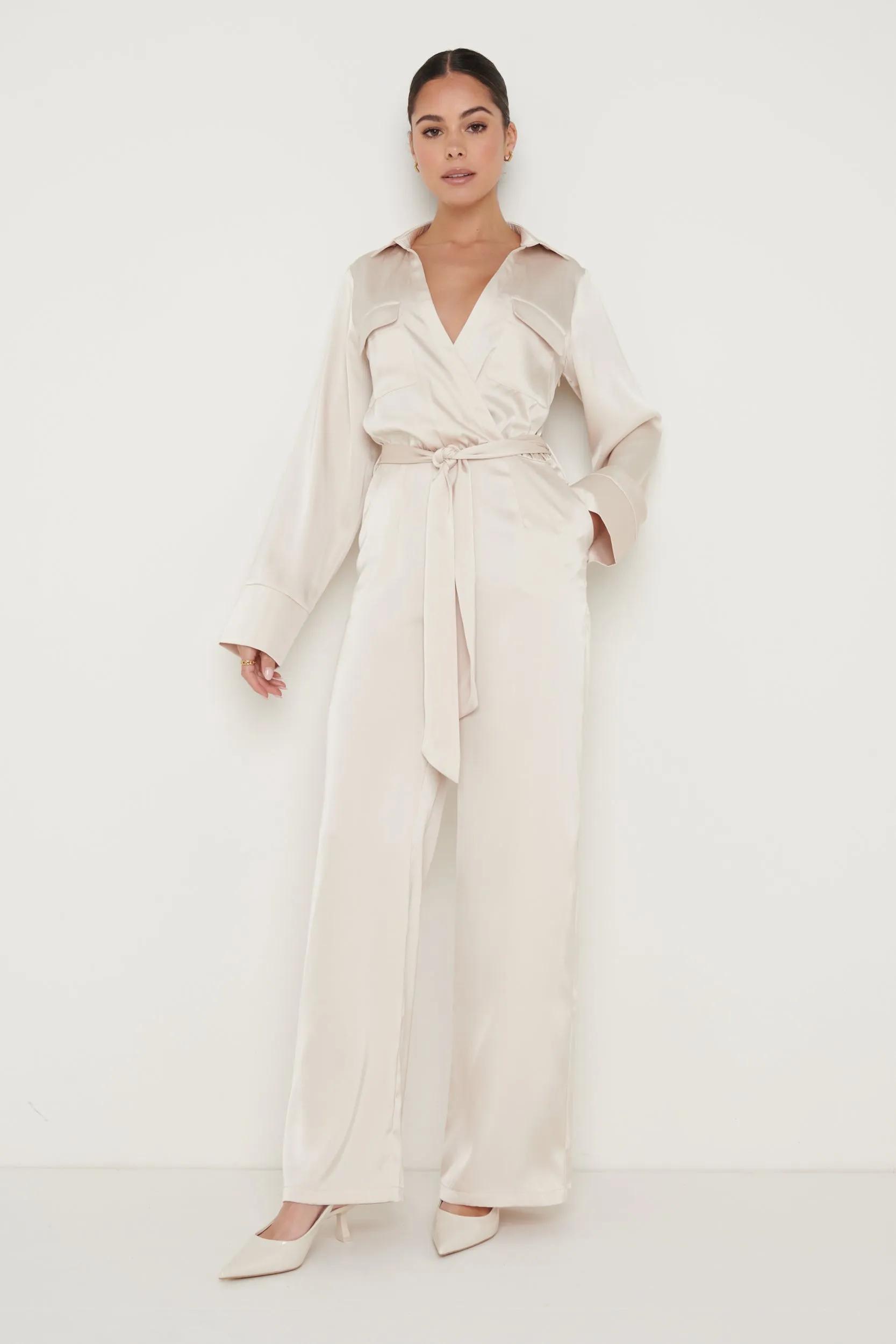 Carmen Collared Satin Jumpsuit - Oyster