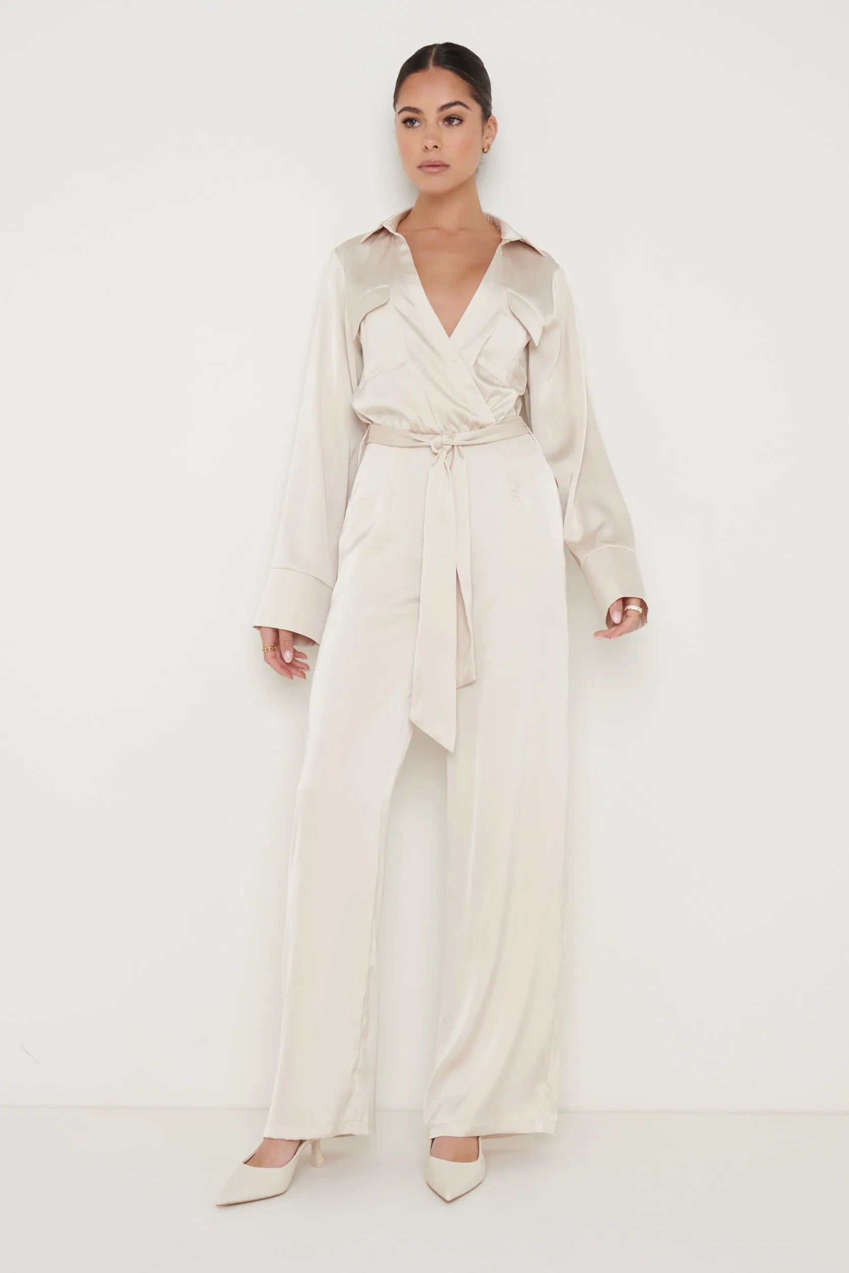 Carmen Collared Satin Jumpsuit - Oyster