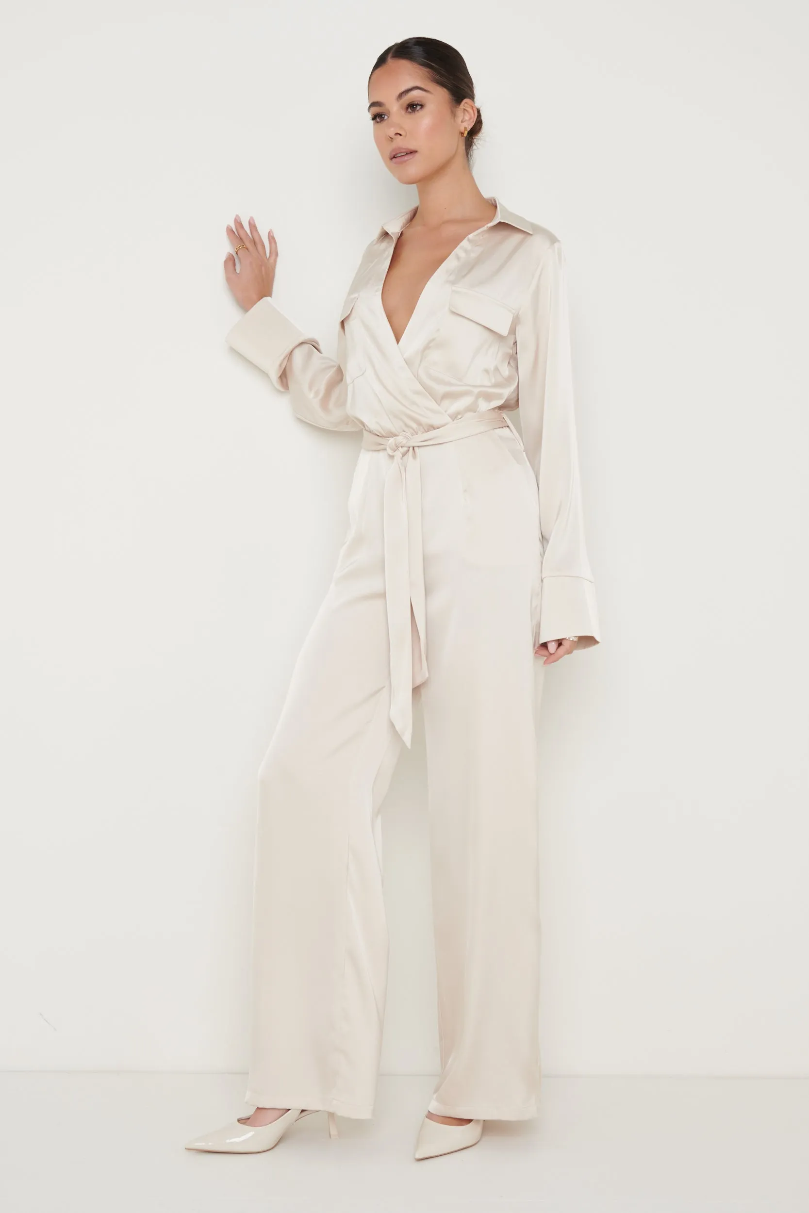 Carmen Collared Satin Jumpsuit - Oyster
