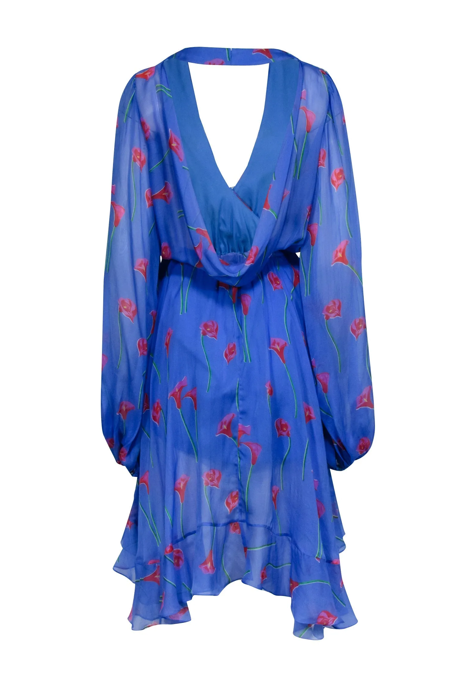 Caroline Constas - Blue w/ Pink Floral Print Silk Ruffled "Olivia" Dress Sz M