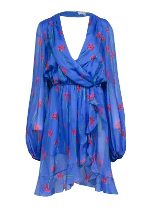 Caroline Constas - Blue w/ Pink Floral Print Silk Ruffled "Olivia" Dress Sz M