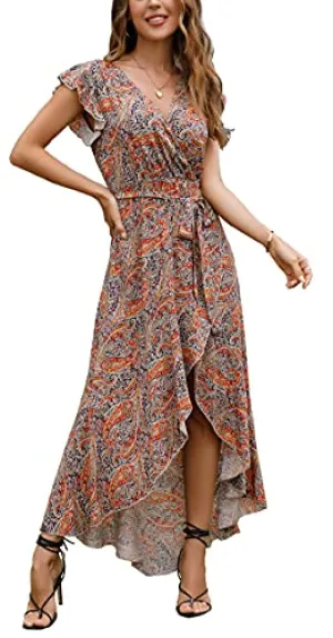 Cashew Navyblue  Women's Summer Floral Print Cross V Neck Dress Bohemian Flowy Long Maxi Dresses - GRECERELLE