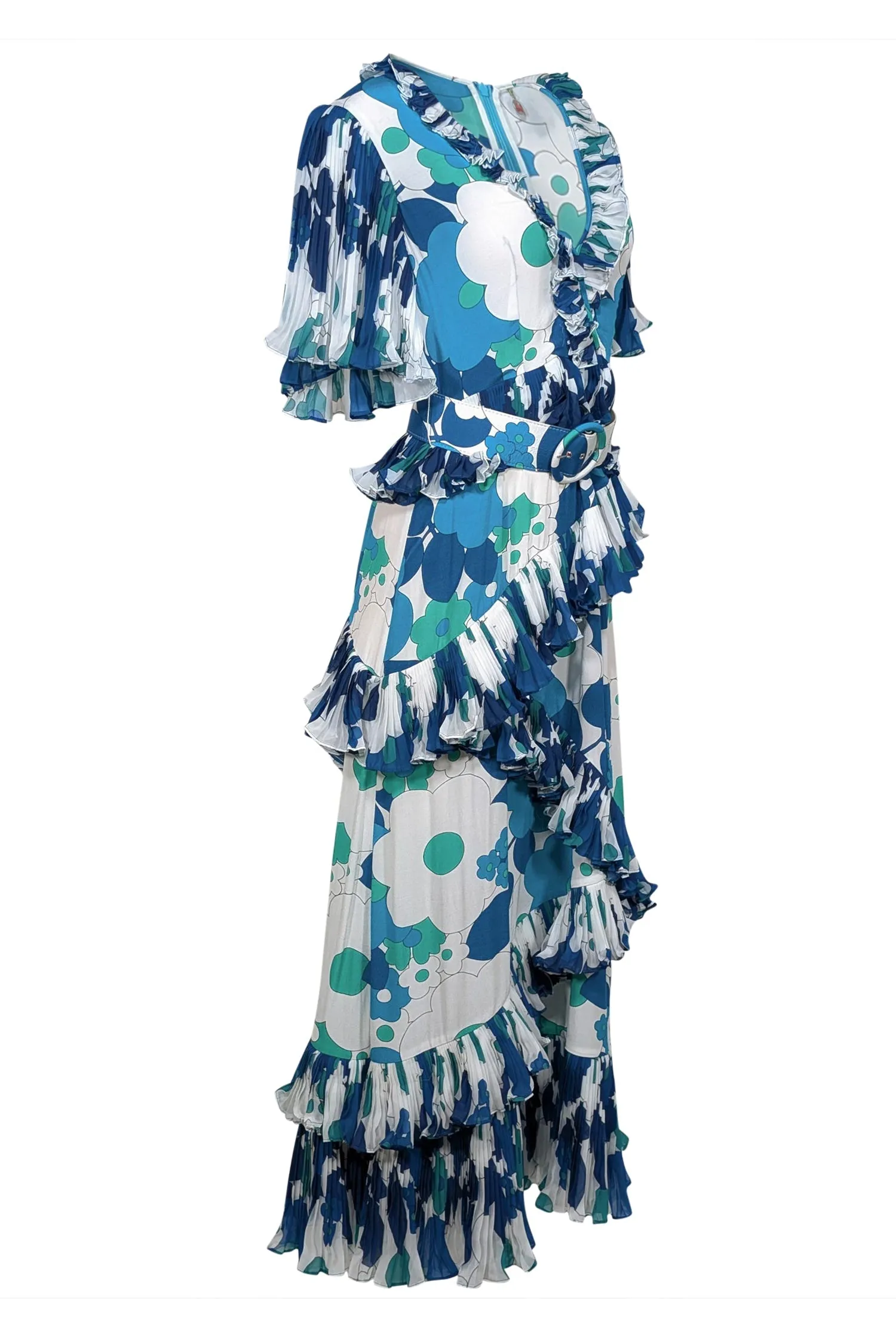 Celia B - White, Blue, & Green Floral Print Pleated Ruffle Maxi Dress Sz M
