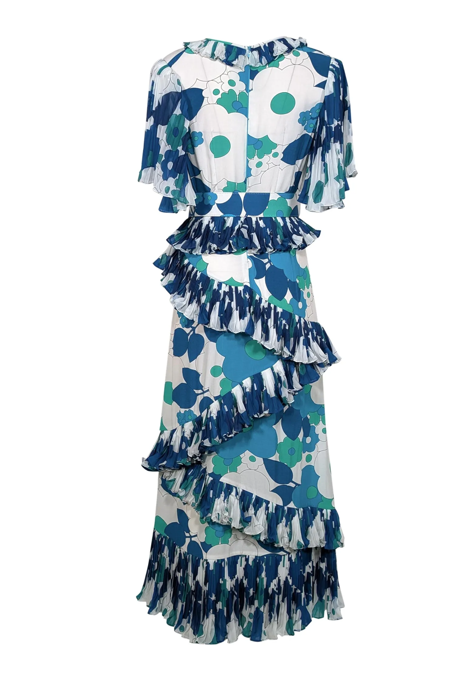 Celia B - White, Blue, & Green Floral Print Pleated Ruffle Maxi Dress Sz M