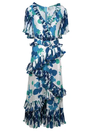 Celia B - White, Blue, & Green Floral Print Pleated Ruffle Maxi Dress Sz M