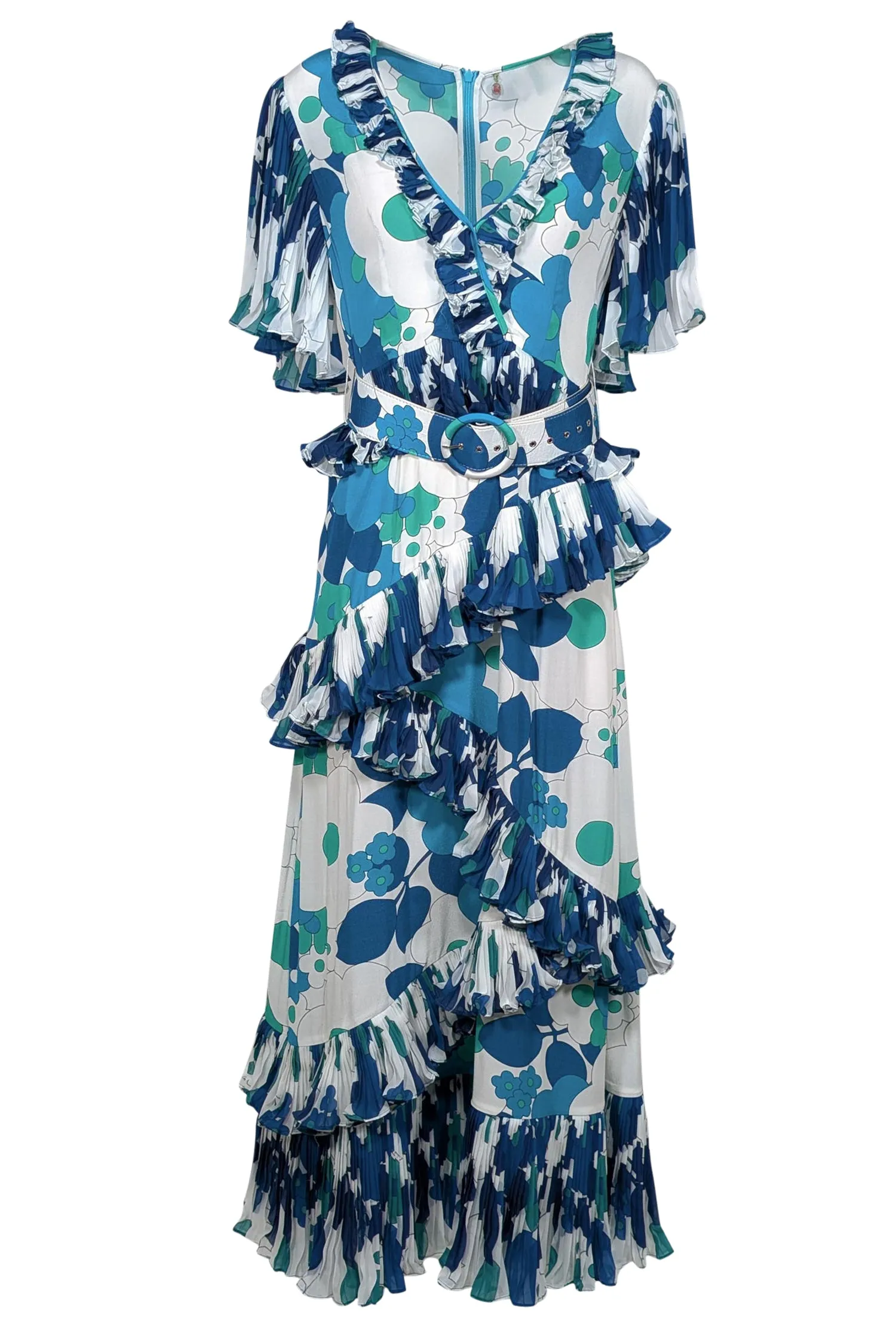 Celia B - White, Blue, & Green Floral Print Pleated Ruffle Maxi Dress Sz M