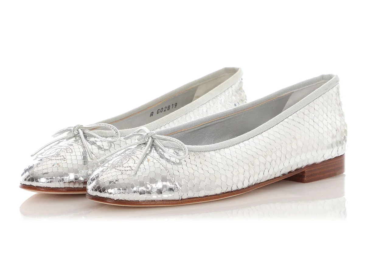 Chanel Silver Mirror Effect Python Ballet Flats