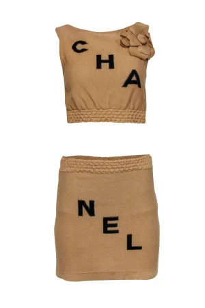 Chanel - Tan Knit Chanel Logo Tank & Skirt Set w/ Rosette Sz 4