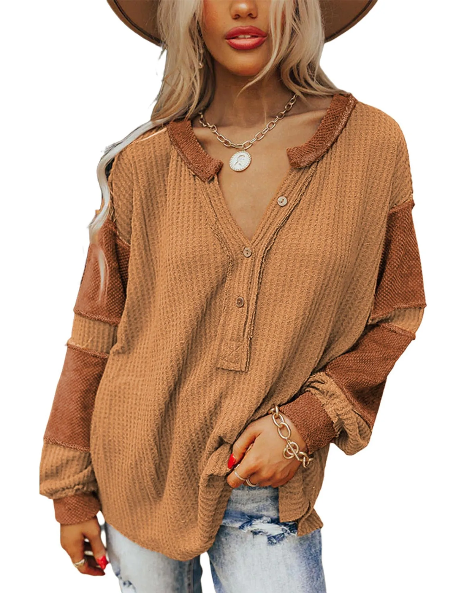 Cheeky X by Azura Exchange Contrast Patched Waffle Knit Henley Top - XL