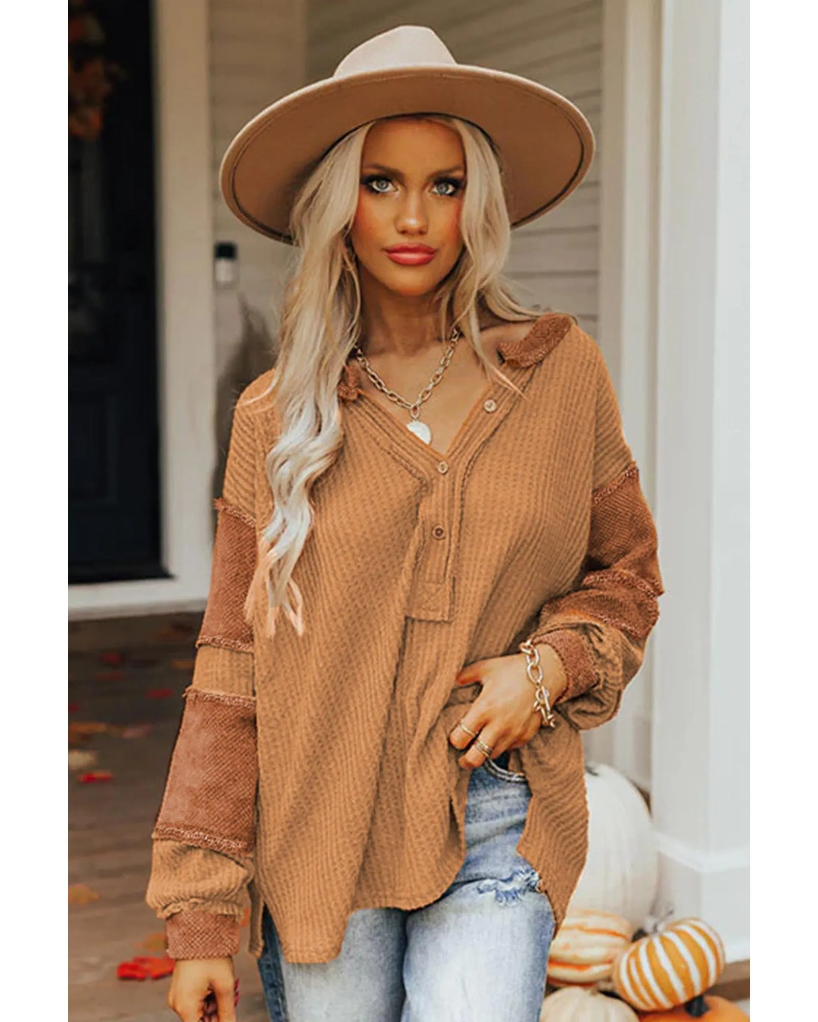 Cheeky X by Azura Exchange Contrast Patched Waffle Knit Henley Top - XL