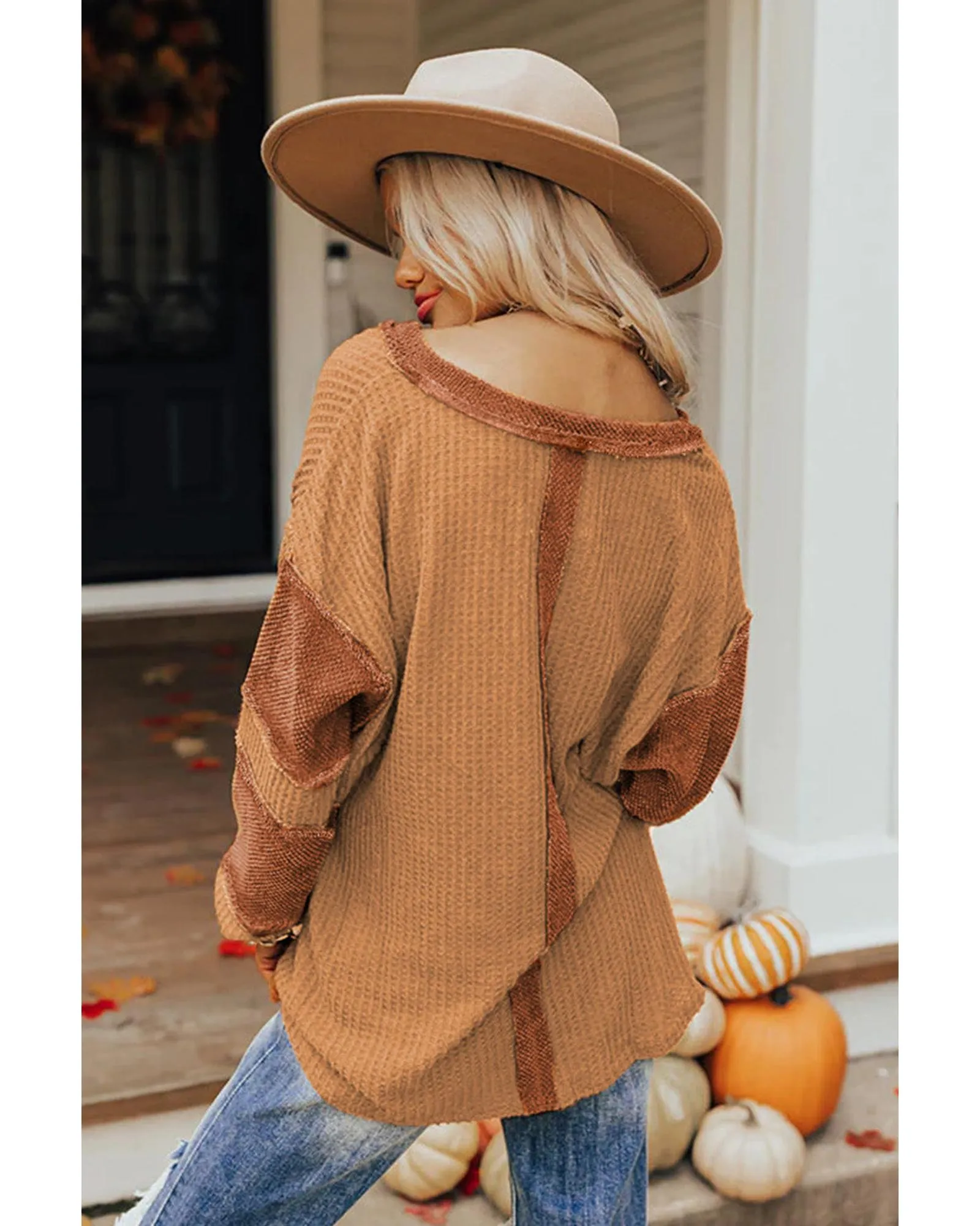 Cheeky X by Azura Exchange Contrast Patched Waffle Knit Henley Top - XL