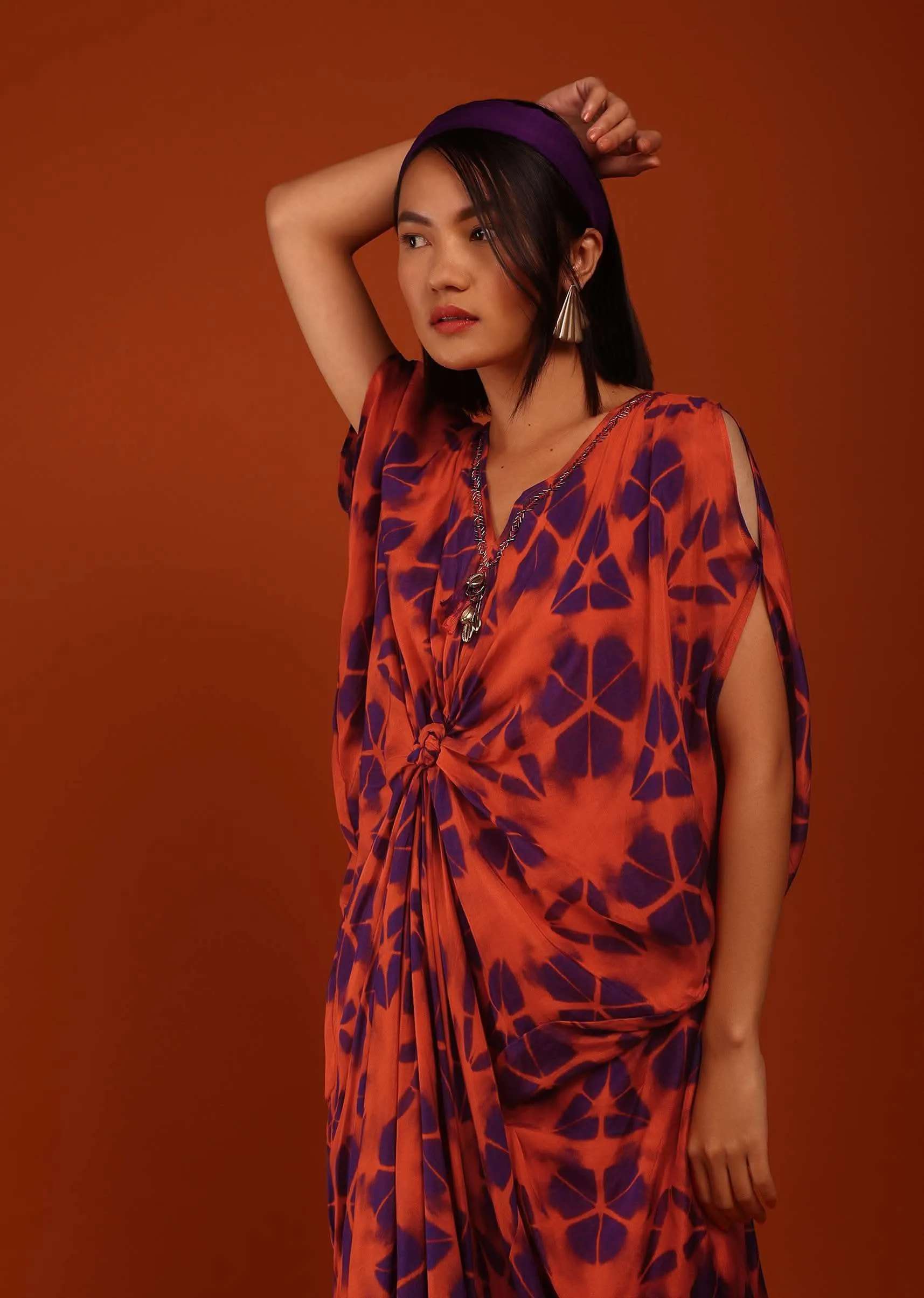 Cherry Tomato And Egg-Plant Purple Tie Dye Print Kaftan With A Front Knot Online