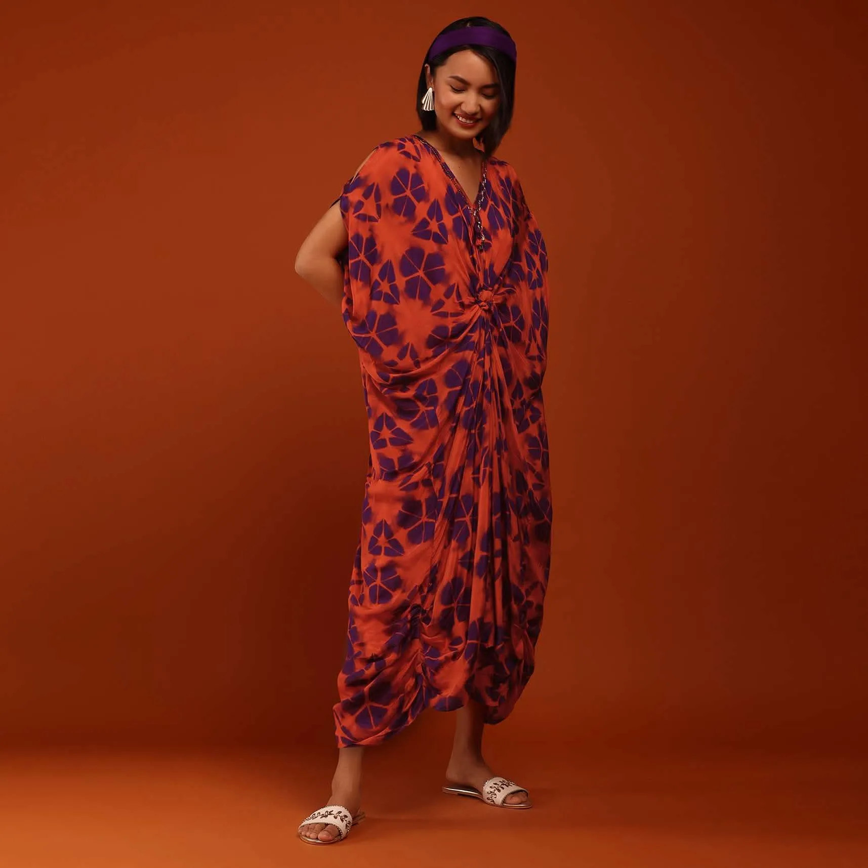Cherry Tomato And Egg-Plant Purple Tie Dye Print Kaftan With A Front Knot Online