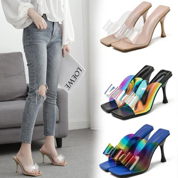 Chicvane Colorful Clear Pvc Bowknot Stilettos Square Toe Slide Sandals