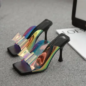 Chicvane Colorful Clear Pvc Bowknot Stilettos Square Toe Slide Sandals
