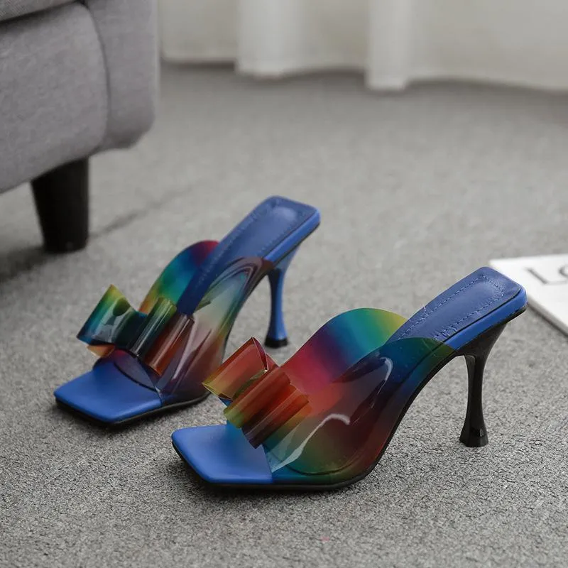 Chicvane Colorful Clear Pvc Bowknot Stilettos Square Toe Slide Sandals