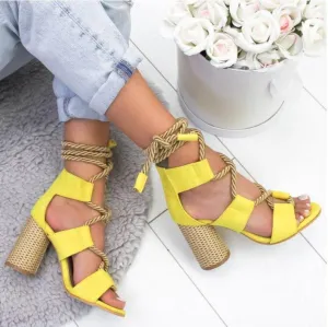 Chicvane Criss Cross Hemp Rope Lace Up Sandals Open Toe Chunky Heeled Sandals