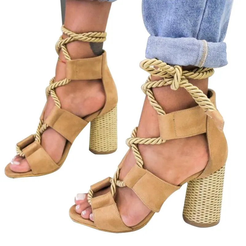 Chicvane Criss Cross Hemp Rope Lace Up Sandals Open Toe Chunky Heeled Sandals
