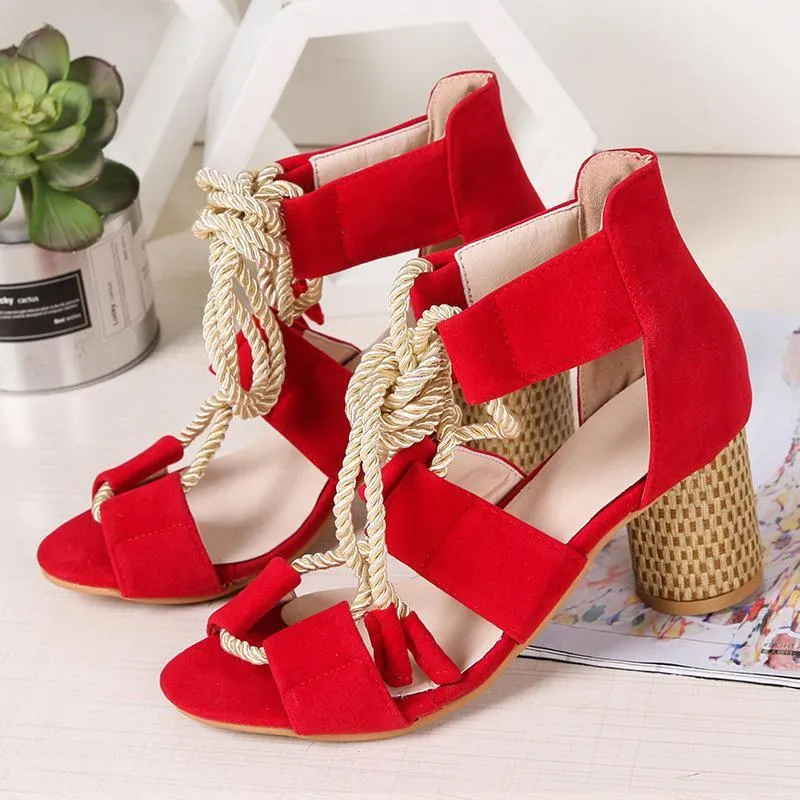 Chicvane Criss Cross Hemp Rope Lace Up Sandals Open Toe Chunky Heeled Sandals