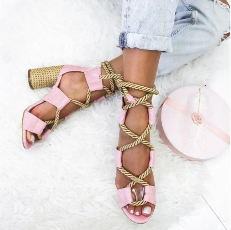 Chicvane Criss Cross Hemp Rope Lace Up Sandals Open Toe Chunky Heeled Sandals