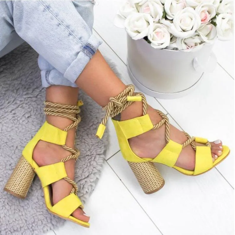 Chicvane Criss Cross Hemp Rope Lace Up Sandals Open Toe Chunky Heeled Sandals