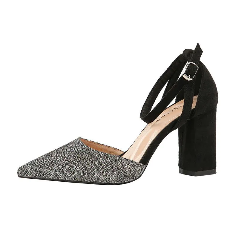 Chicvane Glittering Ankle Strap Pointed Toe Chunky Heel Bridal Shoes