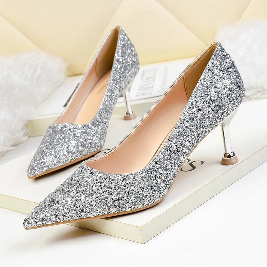 Chicvane Gradient Ramp Sequined Rhinestones Pointed Toe Stiletto Heel Bridal Shoes