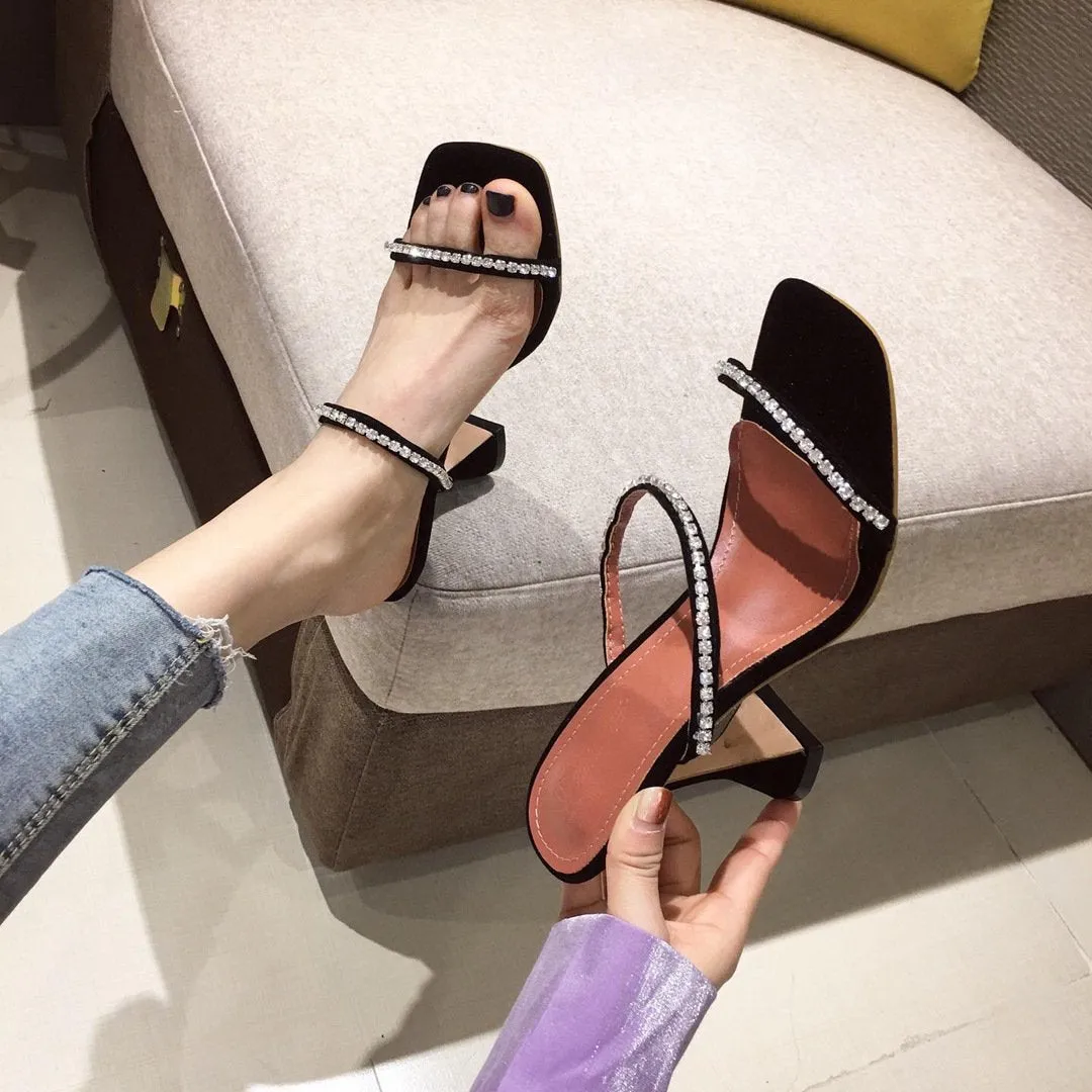 Chicvane Leopard Printed Rhinestone Square Toe Slide Sandals With Wine Glass Heels