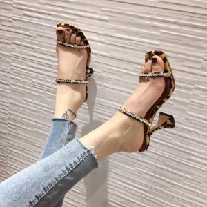 Chicvane Leopard Printed Rhinestone Square Toe Slide Sandals With Wine Glass Heels