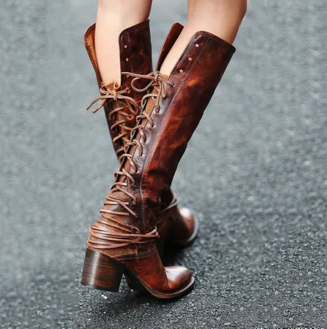 Chicvane New Retro British Stylish Lace Up Chunky Heel Knee High Boots For Women