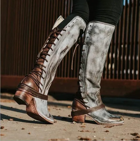 Chicvane New Retro British Stylish Lace Up Chunky Heel Knee High Boots For Women