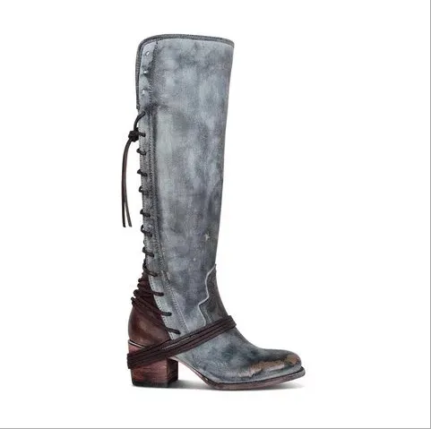 Chicvane New Retro British Stylish Lace Up Chunky Heel Knee High Boots For Women