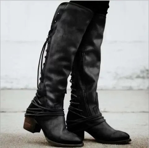 Chicvane New Retro British Stylish Lace Up Chunky Heel Knee High Boots For Women