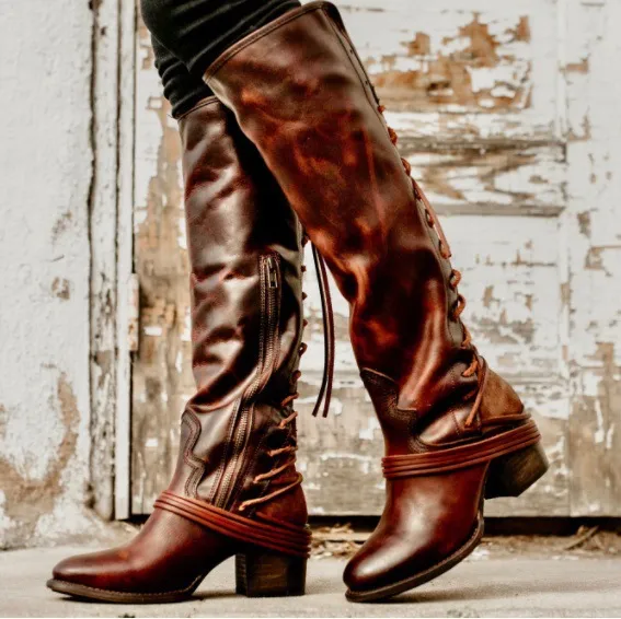 Chicvane New Retro British Stylish Lace Up Chunky Heel Knee High Boots For Women