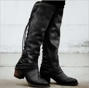 Chicvane New Retro British Stylish Lace Up Chunky Heel Knee High Boots For Women