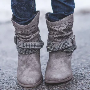 Chicvane New Rhinestone Slip-On Studded Chunky Heel Ankle Boots For Women