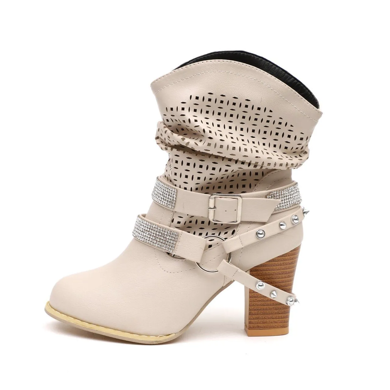 Chicvane New Rhinestone Slip-On Studded Chunky Heel Ankle Boots For Women