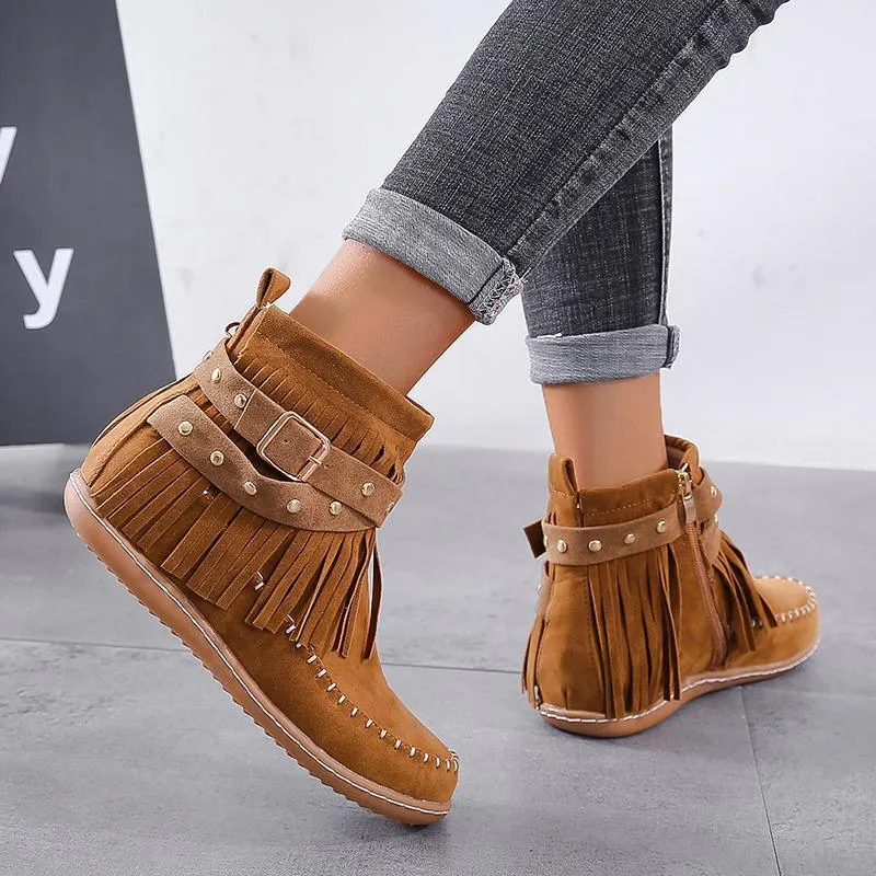 Chicvane New Women's Tassels Studded Flat Heel Ankle Boots With Side Zipper