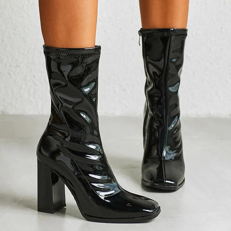 Chicvane Paint Black Square Toe Chunky Heel Mid Calf Boots For Girls With Zipper