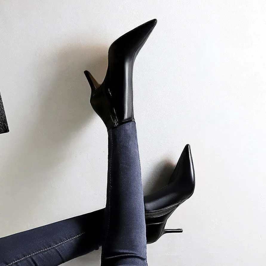 Chicvane Pointed Toe Stiletto Heel Zipper Closure Mid Calf  Boots