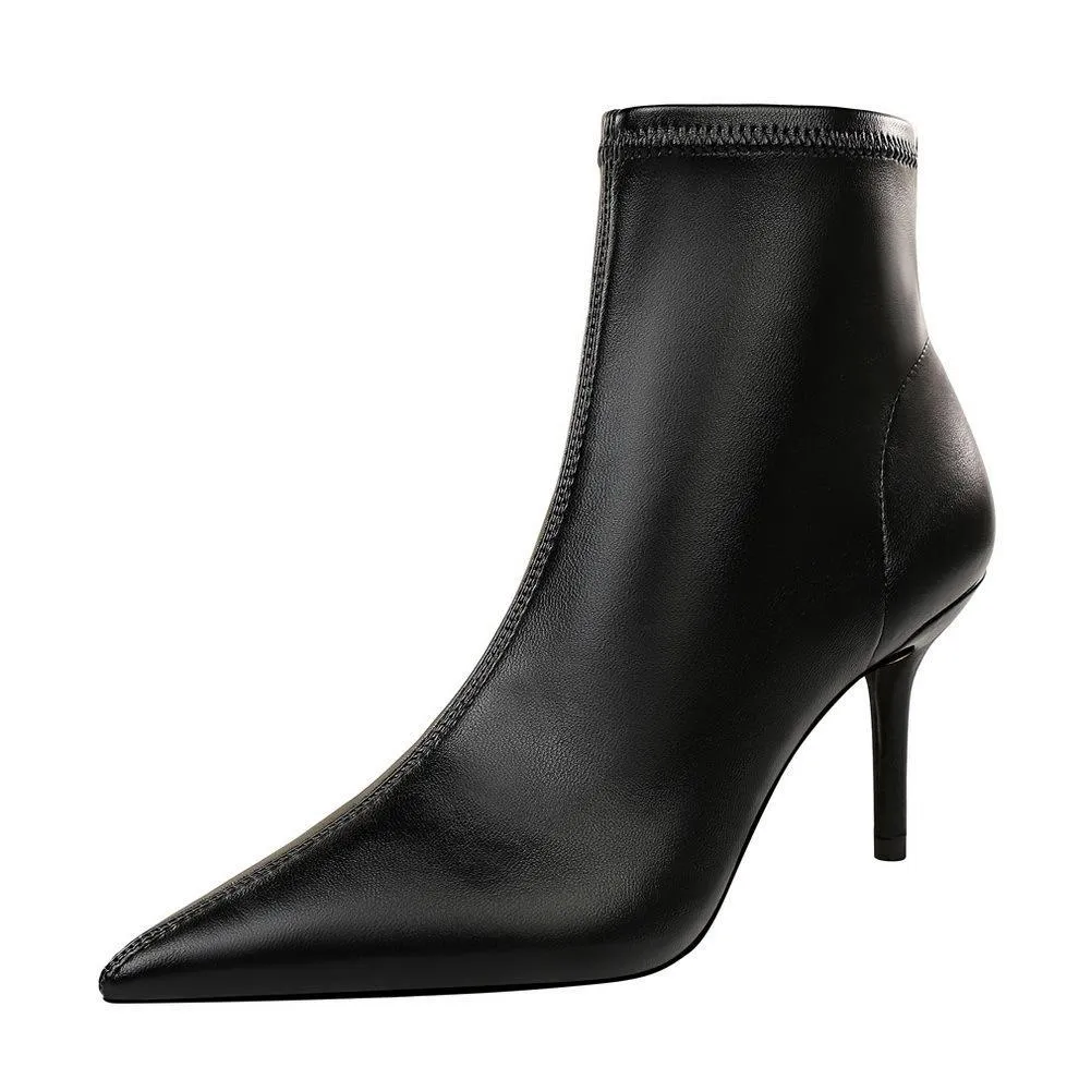 Chicvane Pointed Toe Stiletto Heel Zipper Closure Mid Calf  Boots