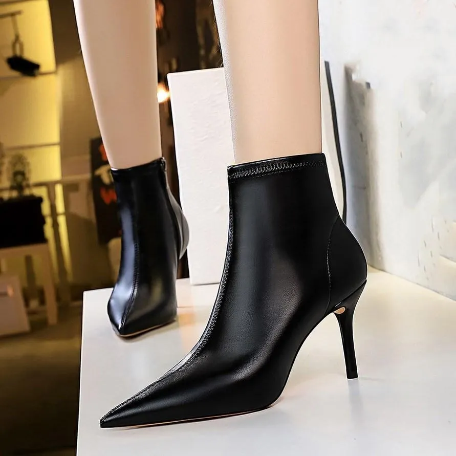 Chicvane Pointed Toe Stiletto Heel Zipper Closure Mid Calf  Boots
