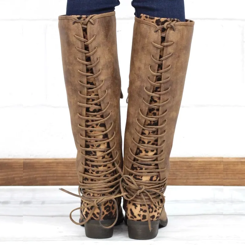 Chicvane Retro British Stylish Lace Up Leopard Printed  Knee High Boots with Zipper