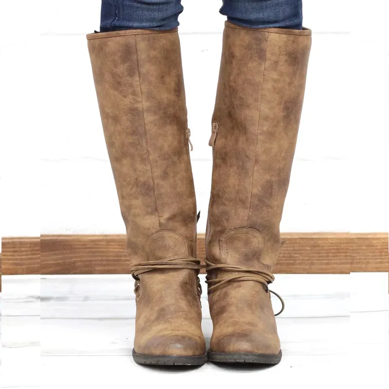Chicvane Retro British Stylish Lace Up Leopard Printed  Knee High Boots with Zipper